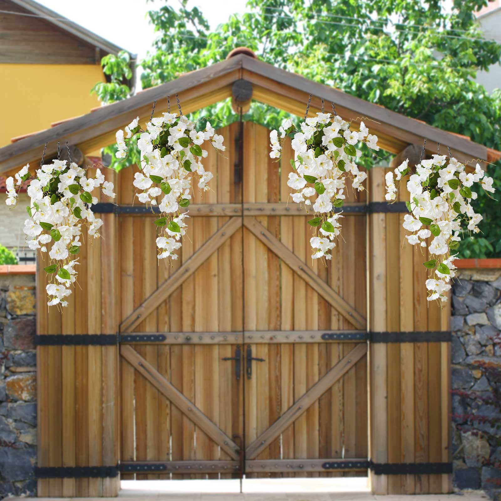 2pcs Artificial Fake Hanging Hibiscus Flowers Plants Baskets for Outdoor Outside Spring Summer Decoration, Faux Silk Hibiscus Long Vines in Planter UV Resistant Realistic Flowers