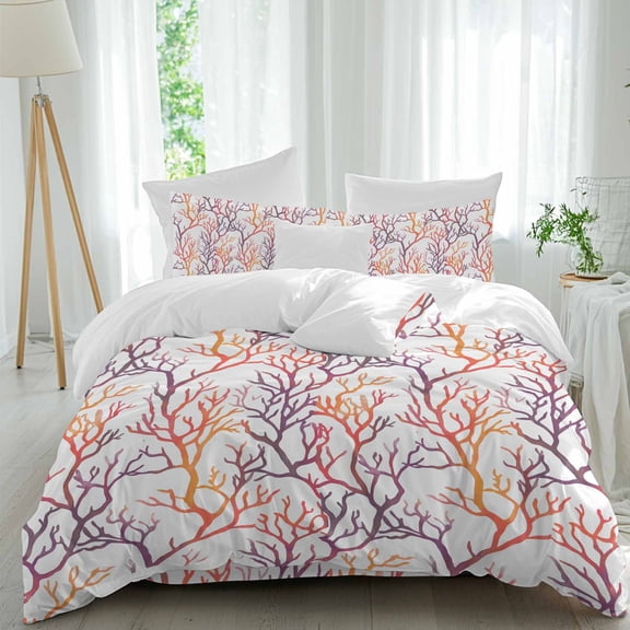 Summer Watercolor Style Queen Size Comforter Set, Yellow Ocean Coral Bedding for All Seasons, 4 Pcs Bed Set, 1Quiltcover (90"x92") ,1Sheet(94"x116"), 2Pillowcases (30"x20")