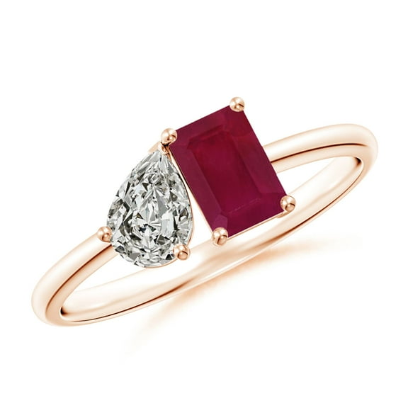 ANGARA Natural Classic Two-Stone Emerald-Cut Ruby & Pear Diamond Ring in 14K Rose Gold for Women (Size-6x4mm) | July Birthstone, Birthday, Anniversary, Jewelry Gift for Women | Natural Ruby Ring