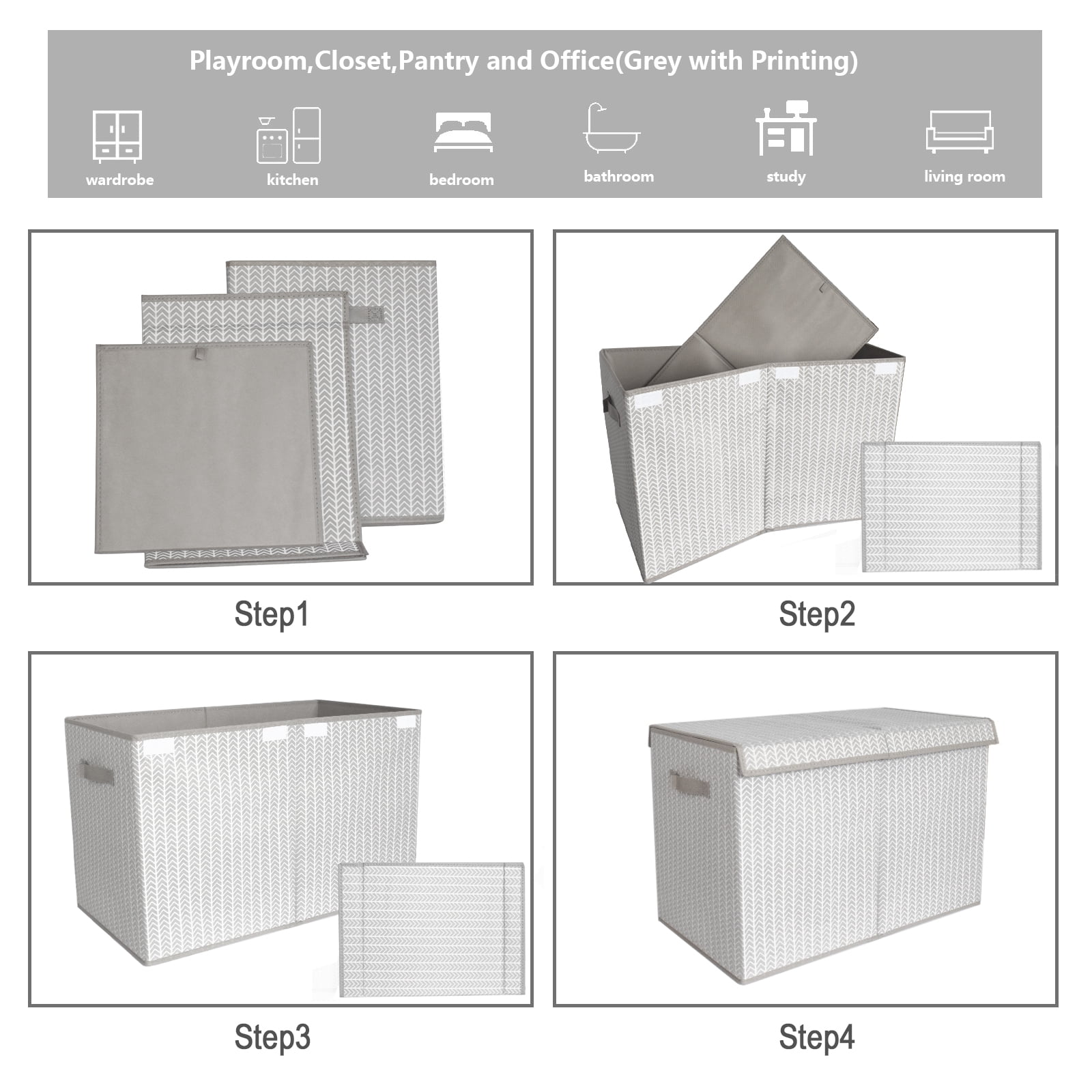 Large Toy Box Chest Organizer Bins for Boys Girls Kids, Collapsible Fabric Storage Basket Container with Flip-Top Lid & Handles for Clothes,Blanket,Nursery,Playroom,Bedroom, Herringbone Pattern(Gray)