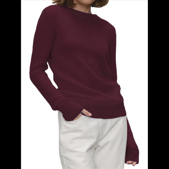 Suéter Básico de Cuello Redondo para Mujer, Jersey de Larga y Cuello Redondo. Rojo Oscuro M