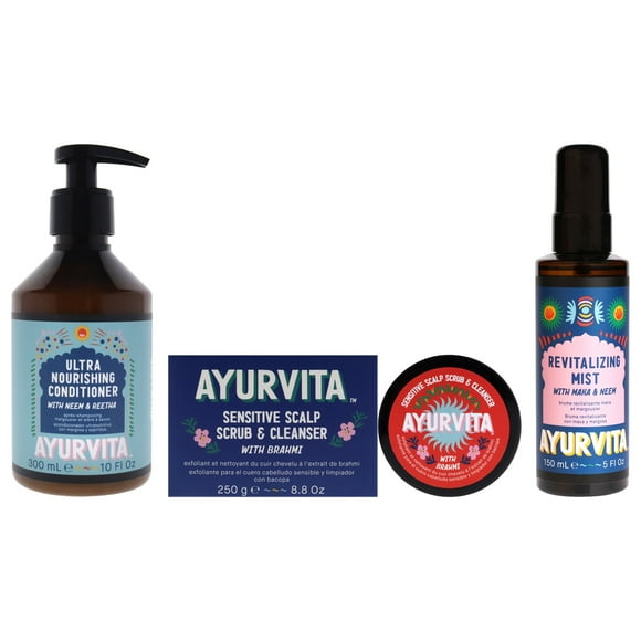 Brahmi Sensitive Scalp Scrub and Cleanser - Neem and Reetha Ultra Nourishing Conditioner with Maka and Neem Revitalizing Mist Kit by AyurVita for Unisex - 3 Pc Kit