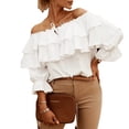 thumbnail image 1 of Blusa con hombros descubiertos para mujer, Top holgado de Color puro con volantes en capas, manga larga, busto fruncido, blanco L, 1 of 6