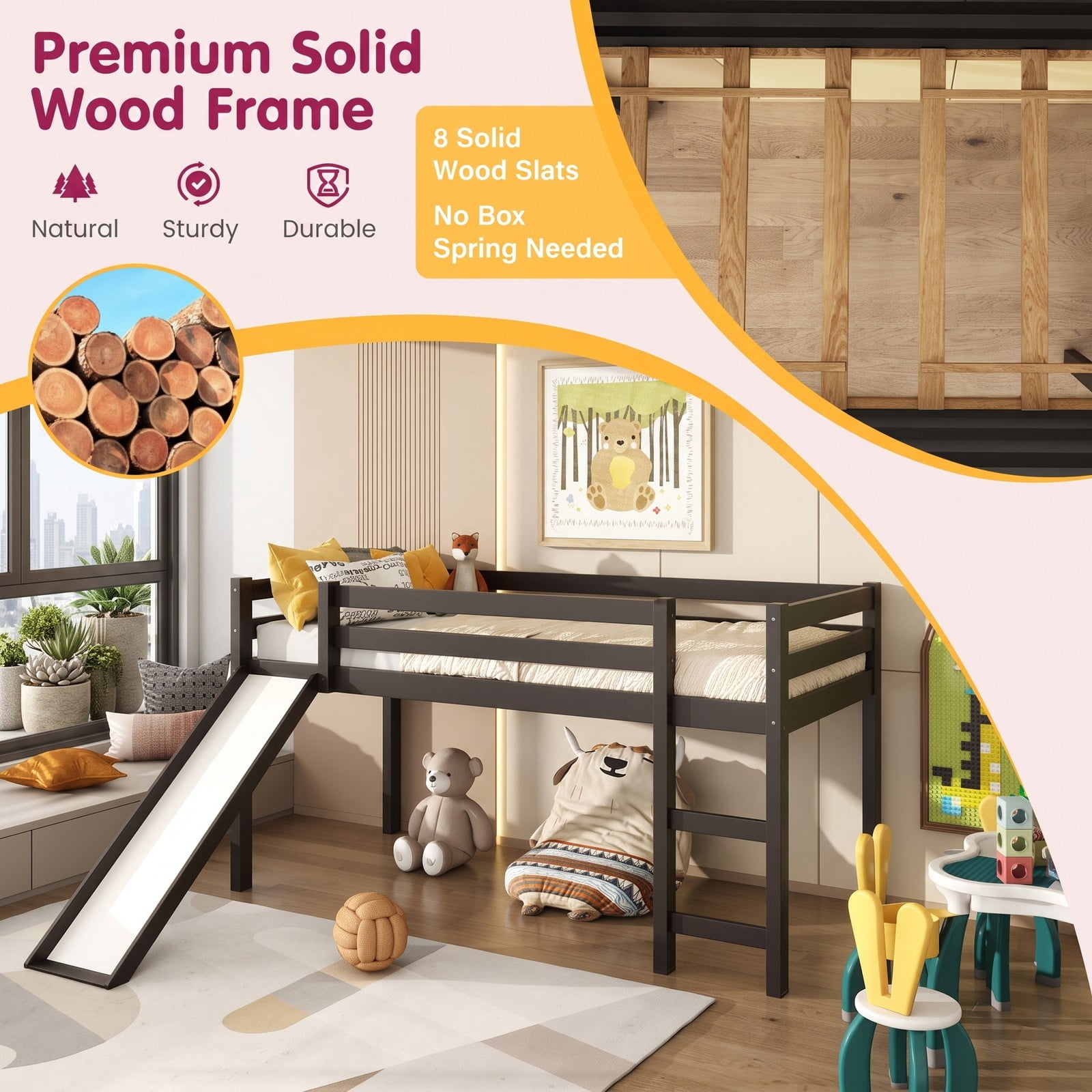Furnibear Twin Size Low Loft Bed with Slide and Ladder for Kids Bedroom, Sturdy Wood Loft Bed Frame with Guardrails, Space-Saving, Dark Brown