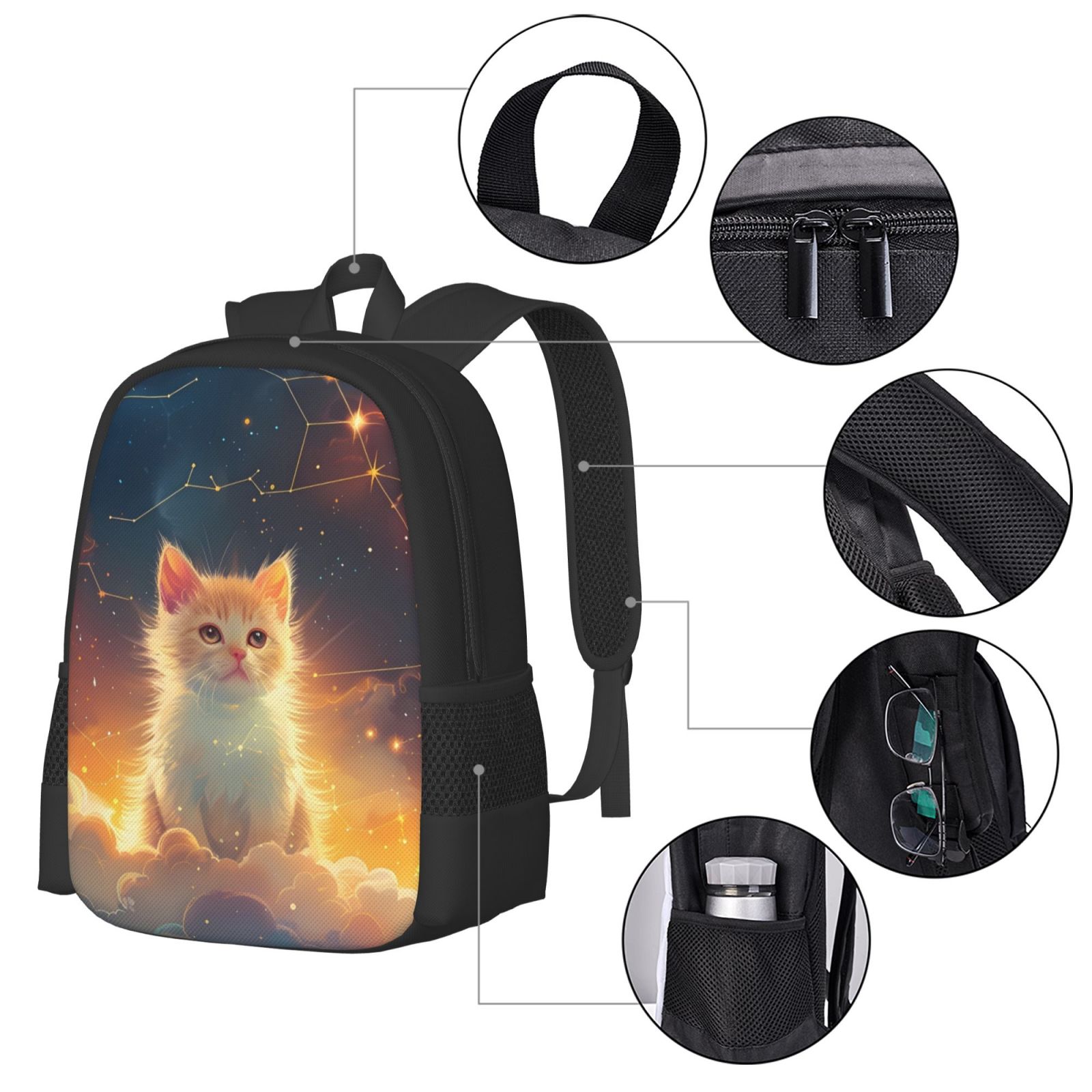 Ratiio Starry Sky Constellation Cat Backpack for Men and Women - Durable 600D Oxford Cloth -Large Capacity, Water-Resistant School, Travel, and Hiking Bag