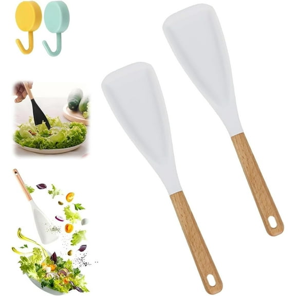 Multi Function Cooking Spoon, Multifunction Spatula Cooking Spoon, Spoon Spatula Silicone with Wooden Handle, Heat Resistant Nonstick Cooking Utensil for Stirring, Scooping & Serving (2 Pcs-A)