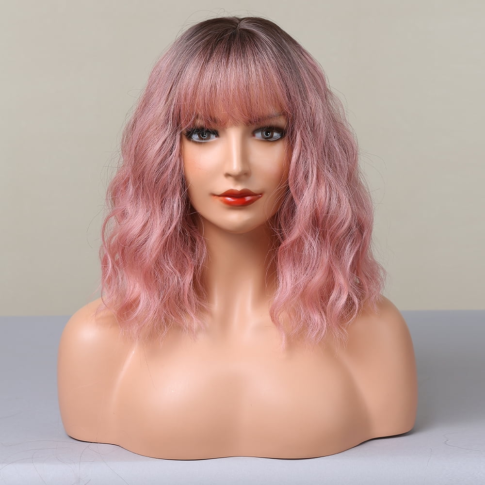 RightOn Short Ombre Pink Wig Black to Pink Wig Short Curly Wavy Pink Wig with Bangs Pink Bob Wigs Heat Resistant Synthetic Wigs
