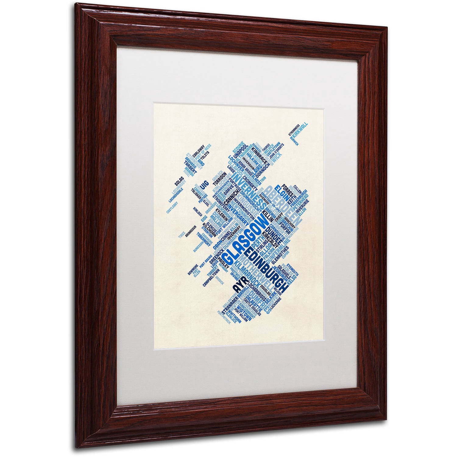 Trademark Fine Art "Scotland Typography Text Map 5" Canvas Art by Michael Tompsett, White Matte, Wood Frame