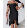 thumbnail image 3 of CHICME Womens Dresses Pearls Strap Off Shoulder Ruffle Hem Bodycon Midi Party Dress Black-XL, 3 of 8