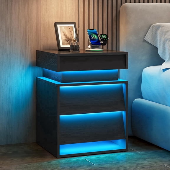 PIXOURA LED Nightstand with Charging Station, Modern Night Stand with Sliding Top & 2 Slanted Drawers, Wood Bedside Table End Side Table for Bedroom, Living Room, Office, Black