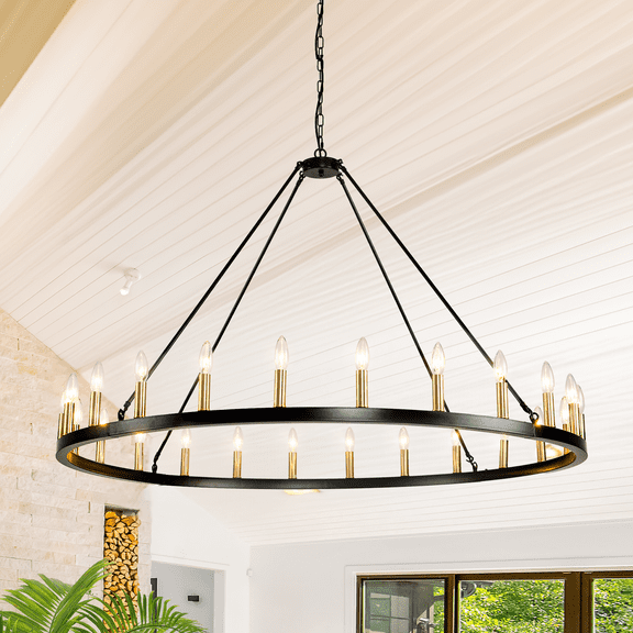 bokifol Black Gold Farmhouse Chandelier Metal,24-lights Rustic Wagon Wheel Chandelier For Living Room Entryway