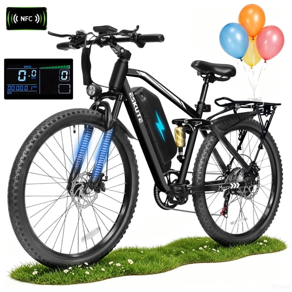 ESKUTE M200D Electric Mountain Bike for Adults, 27.5" Full Suspension E-Bike, 750W Brushless Motor, 20 MPH Speed, 48V 20.8Ah , 80 Miles Range, Step-Over Electric Bicycle Black, UL2849