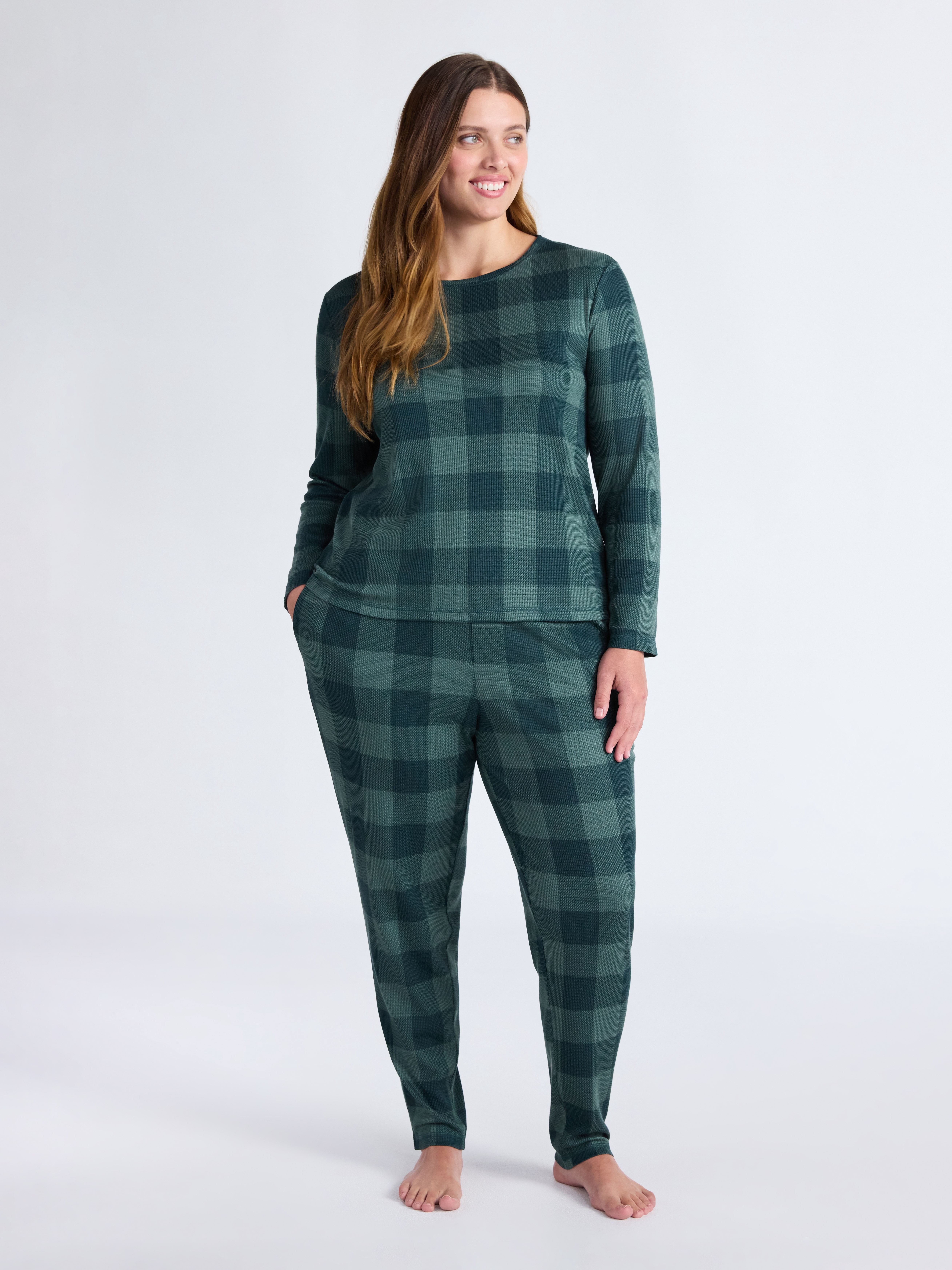 Joyspun Women's Waffle Knit Long Sleeve Top and Joggers Pajama Set, 2-Piece, Sizes S-3X