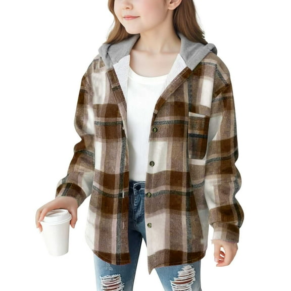 IVEYRTF Children Boys Girls Plaid Hooded Jacket Button Front Fleece-Lined Fall Winter Casual Warm Coat Style Outerwear for Kids 4-15 Years(Z01#Brown,4-5 Years)