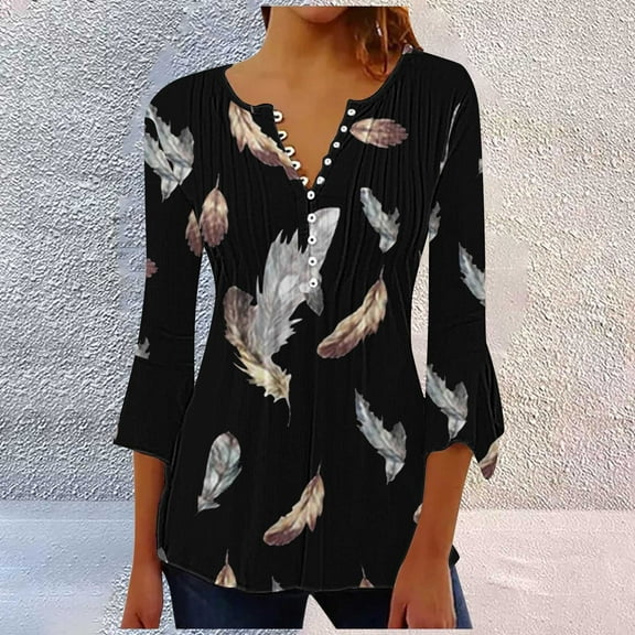 Black Women's Long Sleeve T-shirt, Summer Tops For Women 2025 Trendy Boho Floral Print Tunic Shirts 7 Sleeve V Neck Tshirt Casual Loose Blouse,Women's Long sleeve T-shirt XXL