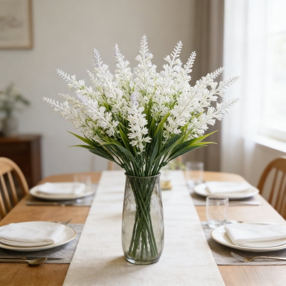 Artificial Lavender Stems Set, 5 Branch Faux Wheat and Lavender Arrangement, Silk Flower Bouquet for Home Decor, Rustic Farmhouse Style Vase Decor (White)