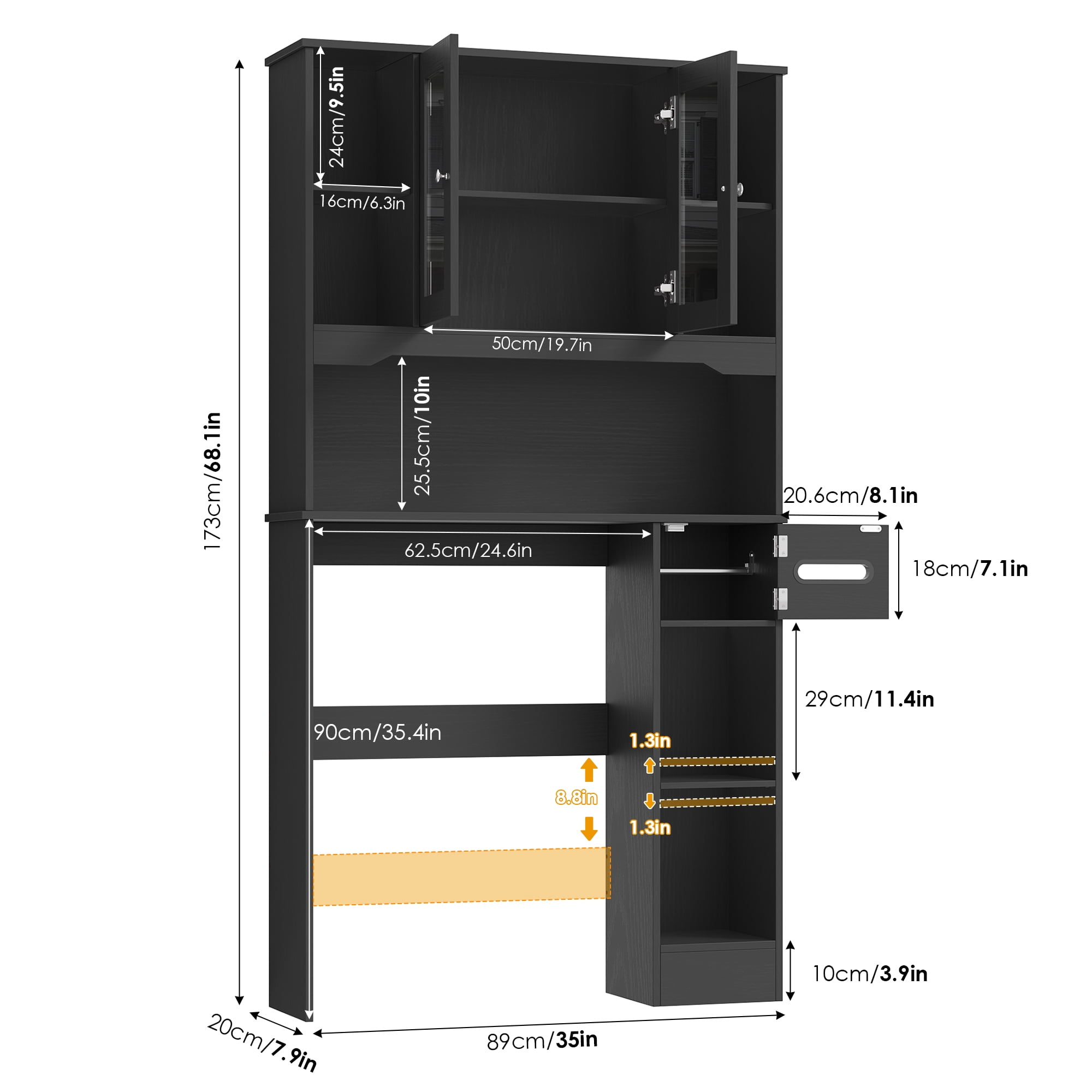Homfa Over The Toilet Storage Cabinet with Toilet Paper Holder Stand, Above Toilet Organizer with Glass Doors, Behind Toilet Shelf for Restroom, Bathroom, Laundry, Black