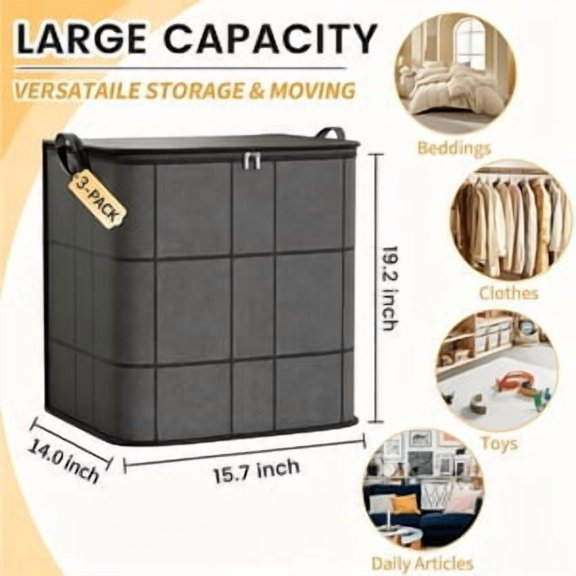3 Pack Large Clothing Storage Bags with Reinforced Handles and Sturdy Zippers, Foldable Wardrobe Organizer Storage Bins for Clothes, Blankets, Quilts