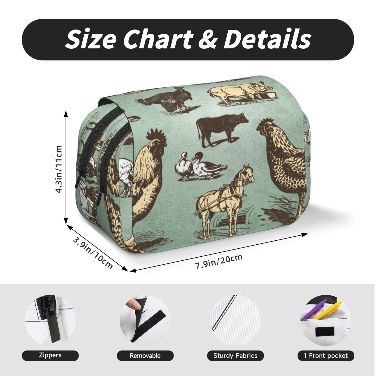 Rateoe Vintage Farm Animals Pattern Double Clamshell Pen Case, Storage Organizer with Two Zipper Compartments– Holds Up to 50 Pencils & Pens