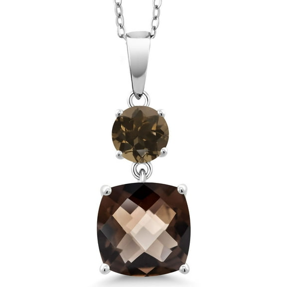 Gem Stone King 925 Sterling Silver Brown Smoky Quartz Pendant Necklace for Women (4.65 Cttw, Gemstone Birthstone, Cushion Checkerboard 10MM, Round 6MM)