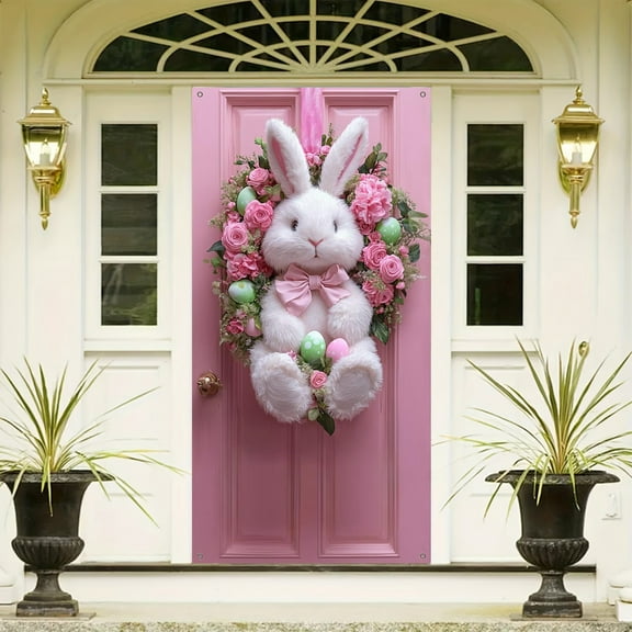 YMARPT Spring Easter Welcome Door Cover Decoration, Easter Bunny Door Banner, Welcome Door Banner Background for Easter Theme Supplies Decor