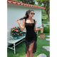 thumbnail image 4 of Vestido Midi Ajustado Fruncido para Mujer, Cuello Cuadrado, Sin Mangas, Bajo con Volantes, Vestido de Fiesta para Discoteca, Negro, Talla S, 4 of 7