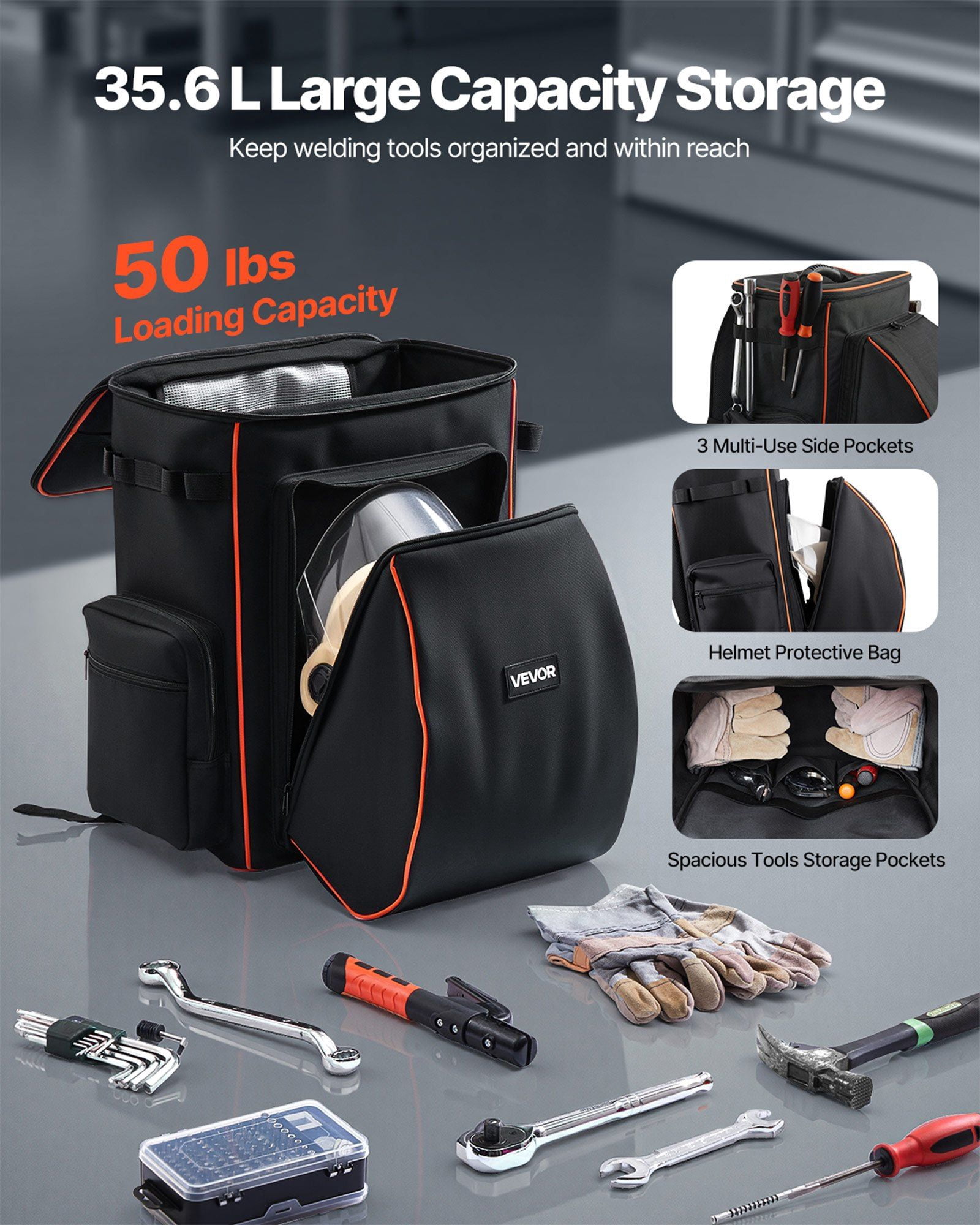 600D Welding Gear Backpack 35.6L - Large Storage for Welder Tools & Safety Helmet