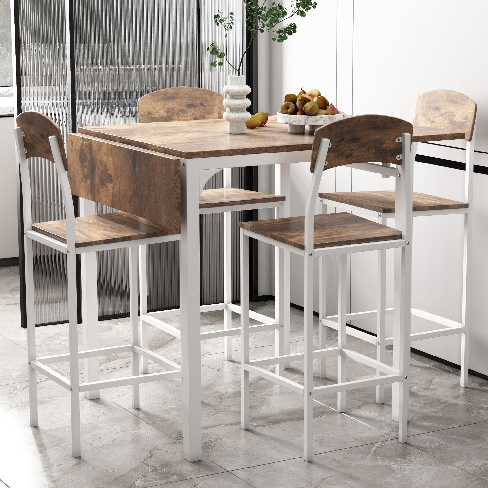 Aukfa 5-Piece Counter Height Dining Set - Dining Table Set with Dining Chairs for 4 - Rustic Brown+White