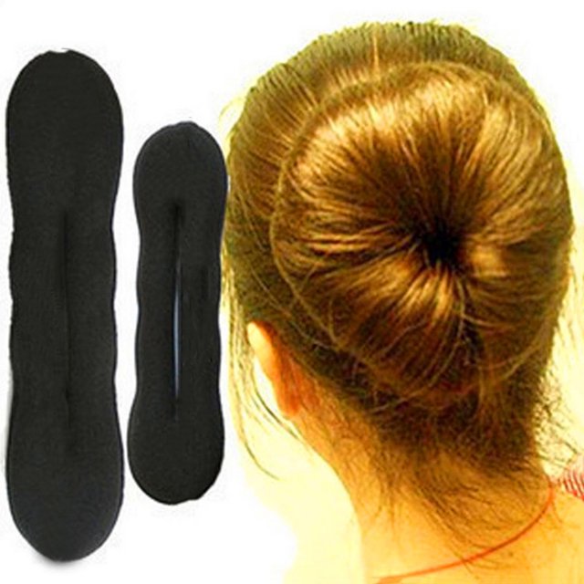 4 Pcs/Set Hair Bun Maker in solid black color, made of lightweight sponge material. Includes two sizes: large (22.5cm x 5cm) and small (17.5cm x 4.8cm). Designed for creating various hairstyles like hair buns. The image shows two hair bun shapers alongside a styled hair bun on a person.
