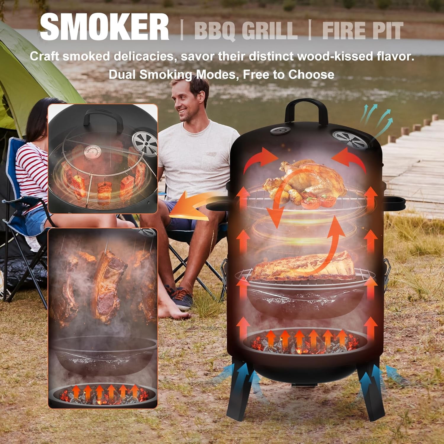 16" Charcoal Smoker, 3 in 1 Heavy Duty Vertical Barbecue Grill, Outdoor Fire Pit 402 Square Inches Cooking Area, Versatile Outdoor Smoker Grill, Black