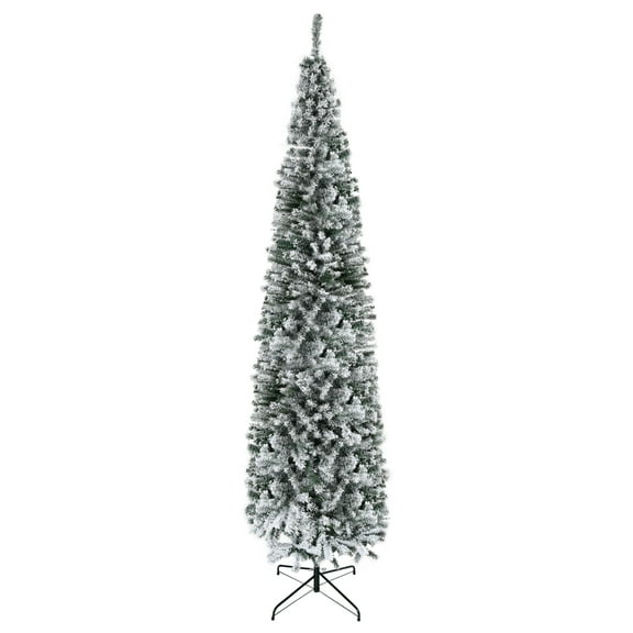 Homcom 9' Tall Unlit Snow-Flocked Slim Artificial Christmas Tree with Realistic Branches and 1014 Tips,Green Pvc Household Supplies Décor Christmas Trees