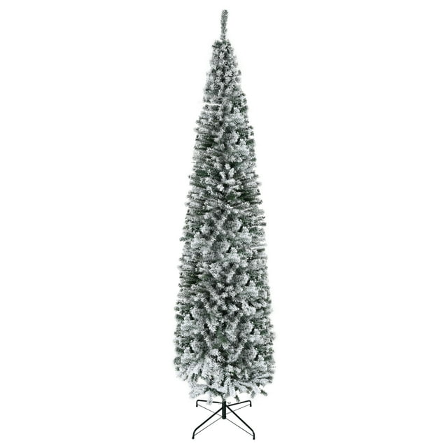 CoSoTower 9ft Flocked Christmas Tree, Pencil Christmas Tree with Realistic Branch Tips, Folding Metal Stand, Green