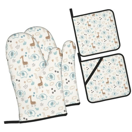 

Daiia Elephants And Giraffes Pattern Oven Mitts and Pot Holders 4 pcs Set High Heat Resistant 500 Degree Extra Thicken Long Kitchen Cotton Oven Glove