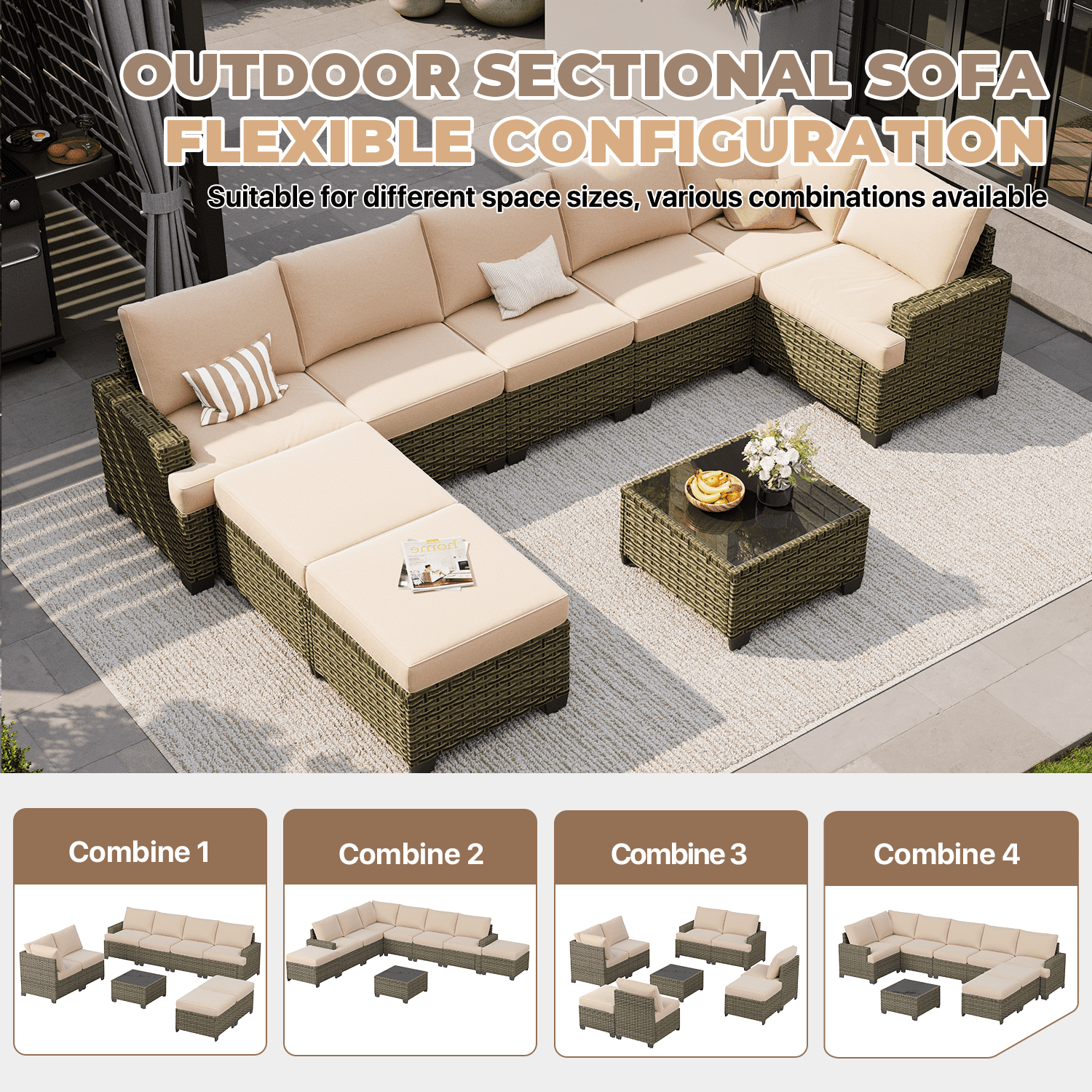 BaPiPro 9-Piece Outdoor Rattan Modular Patio Sofa Set with Thick Beige Cushions, Multi-Use Ottoman and Easy-Clean Coffee Table for Garden and Patio Leisure Use