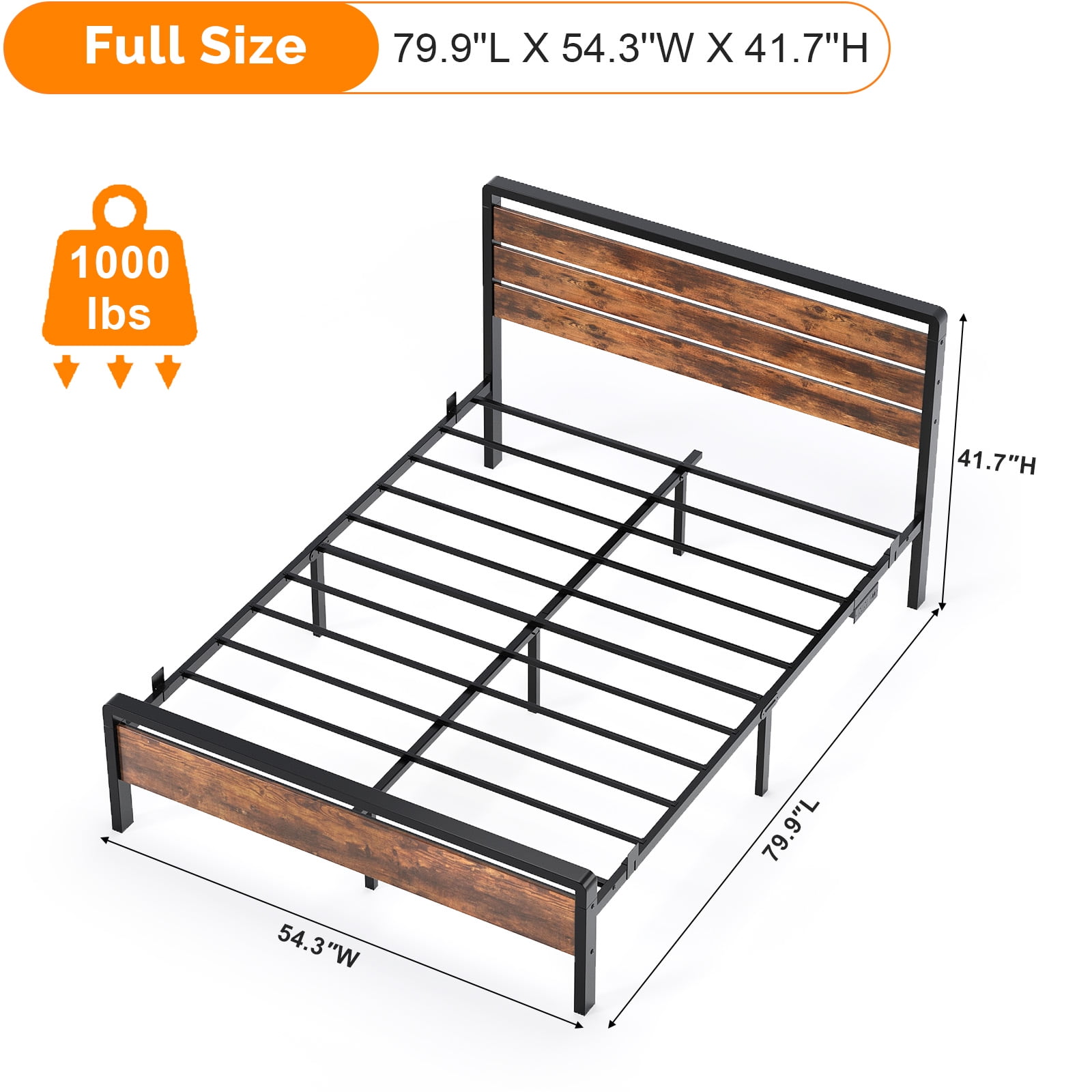 Ktaxon Full Size Bed Frame with LED Headboard & Footboard, Metal Platform Bed with Charging Station, Rustic Brown