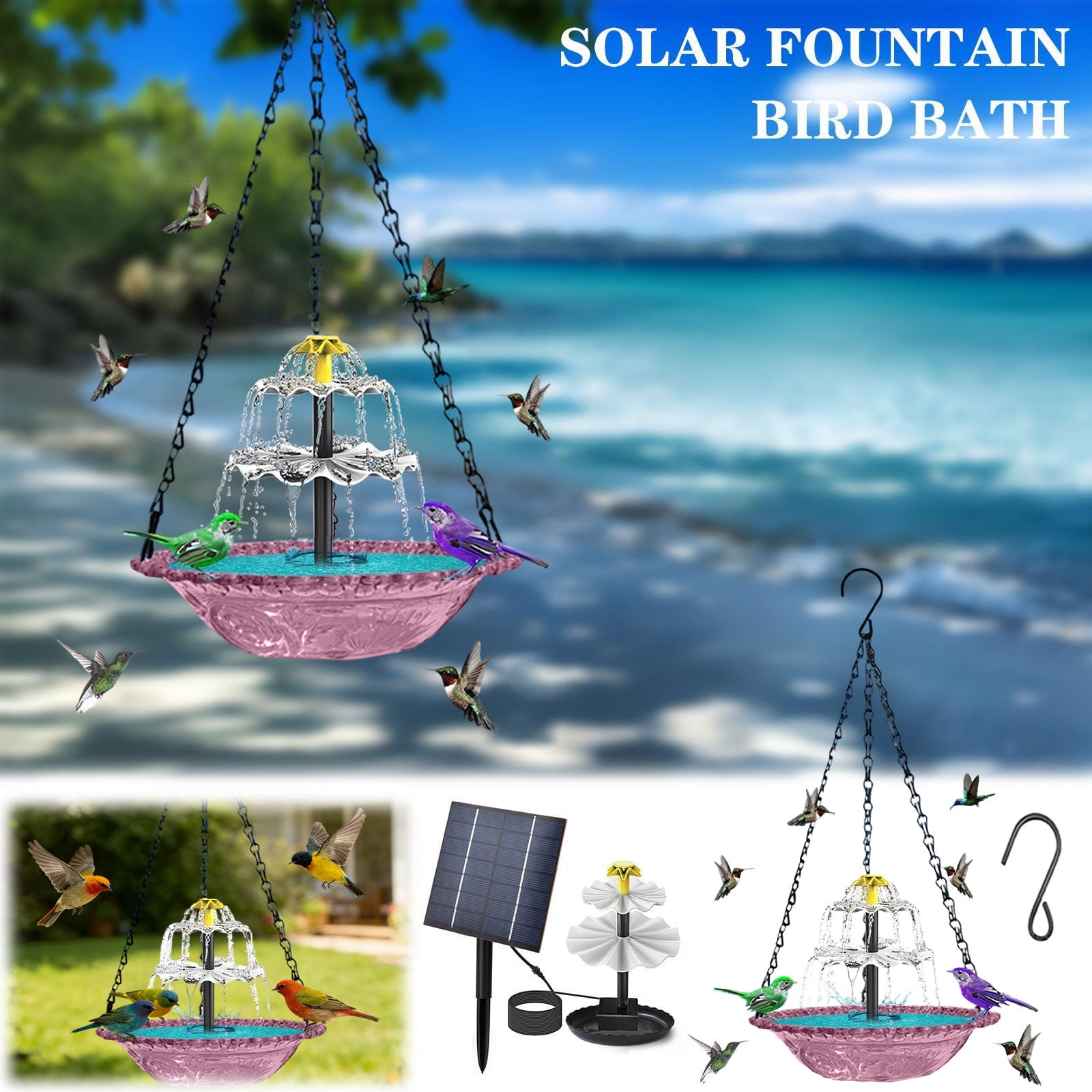 Hanging Solar Bird Bath Fountain 3 Layers, 9.84''W Bird Bath Bowl with Solar Powered Pump for Outdoor Garden Backyard Patio Lawn, Wildlife Feeder