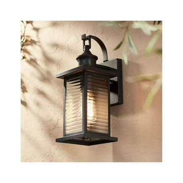 John Timberland Cameron Mission Outdoor Wall Light Fixture Textured Black Motion Sensor Dusk to Dawn 13 3/4" Clear Stripped Glass for Post Exterior