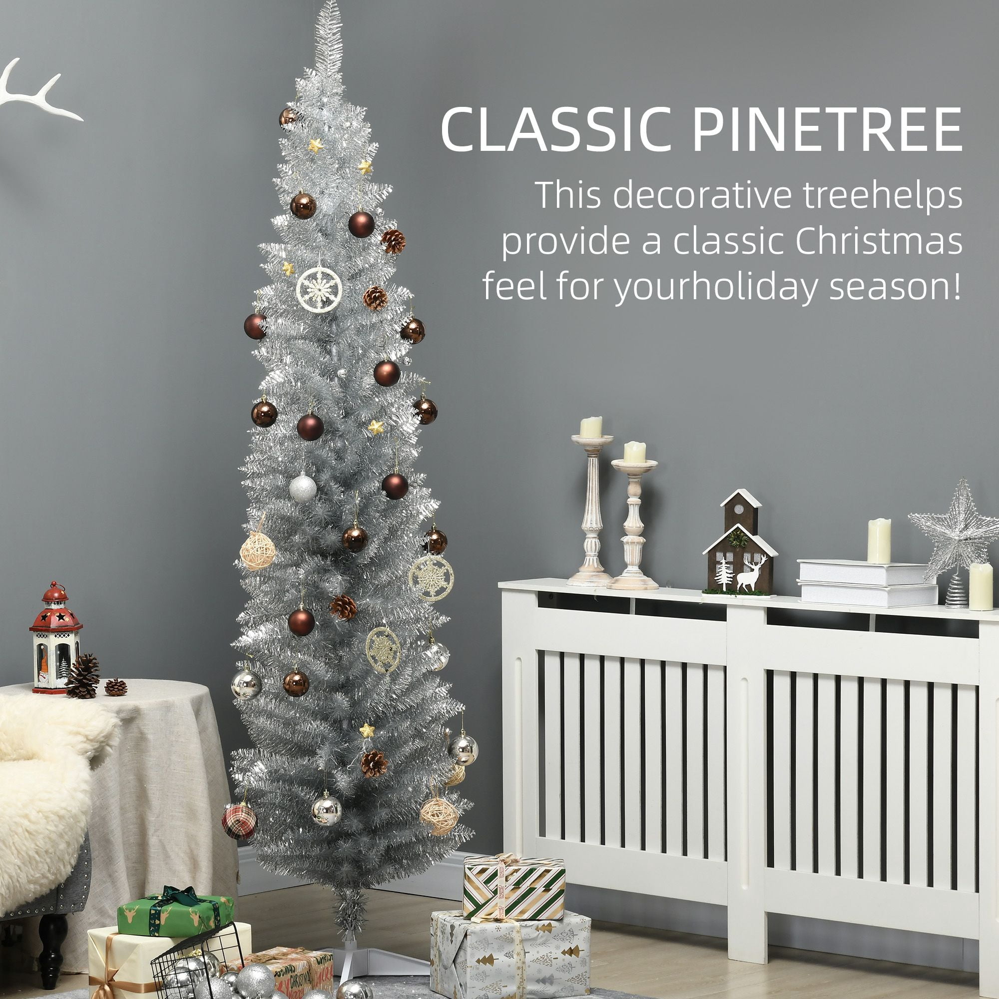 7 ft Pencil Christmas Tree with 499 Branch Tips and Plastic Stand, Slim Unlit Artificial Holiday Tree for Small Rooms and Apartments