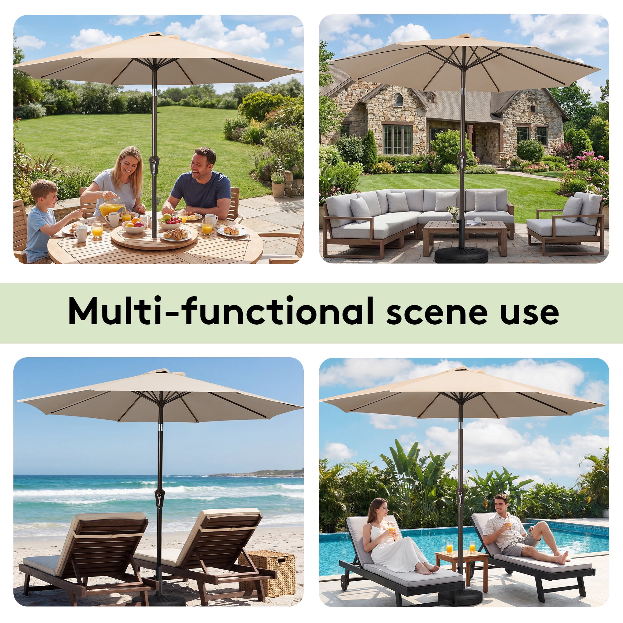 NAPWANT 9ft Patio Umbrella, 8 Sturdy Ribs Outdoor Table Umbrella with Push-Button Tilt & Crank for Garden, Deck, and Pool Beige
