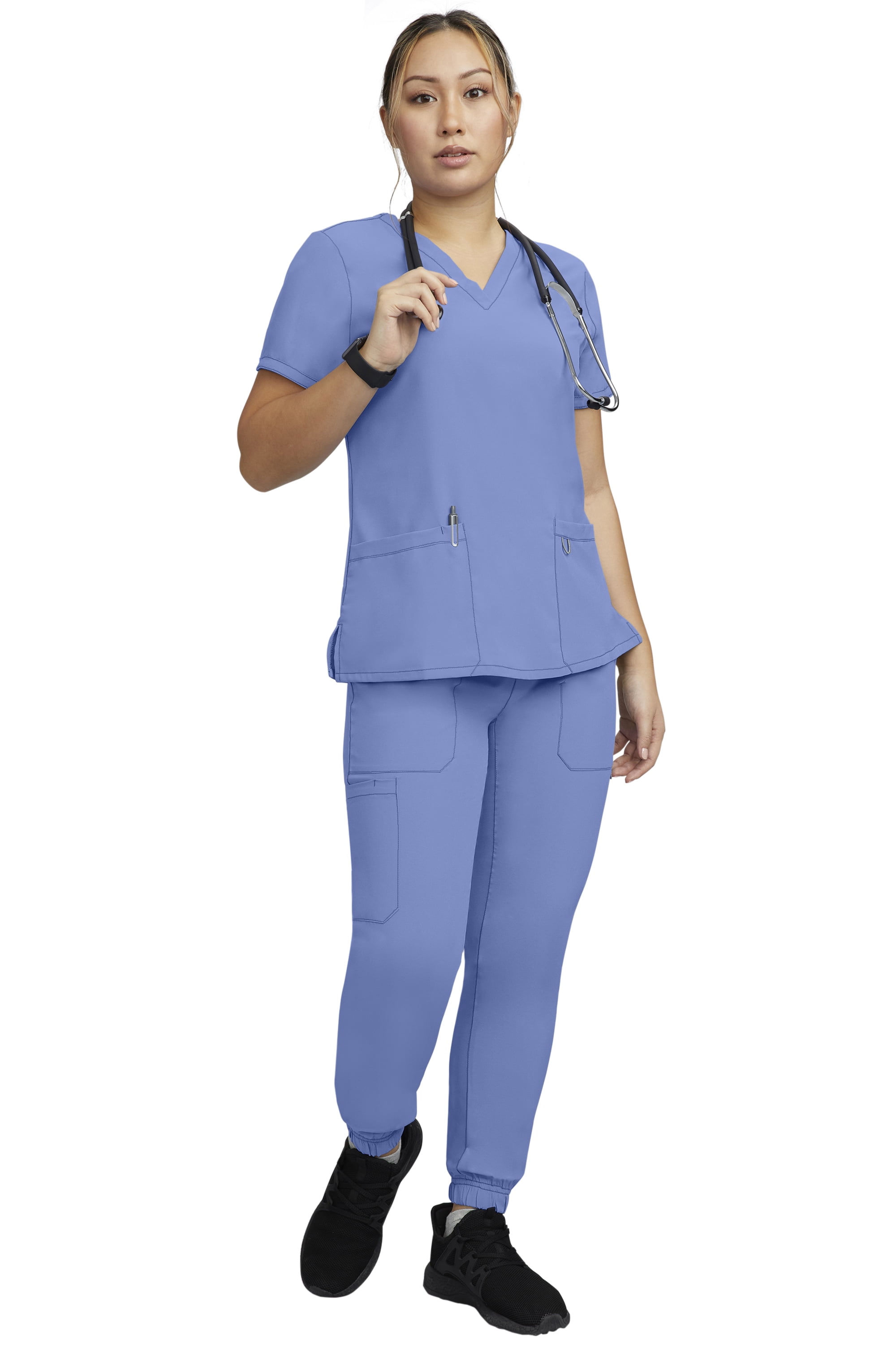 Stat Medical Wear Women’s Scrubs Set 2 Pocket VNeck Scrub Top with 5