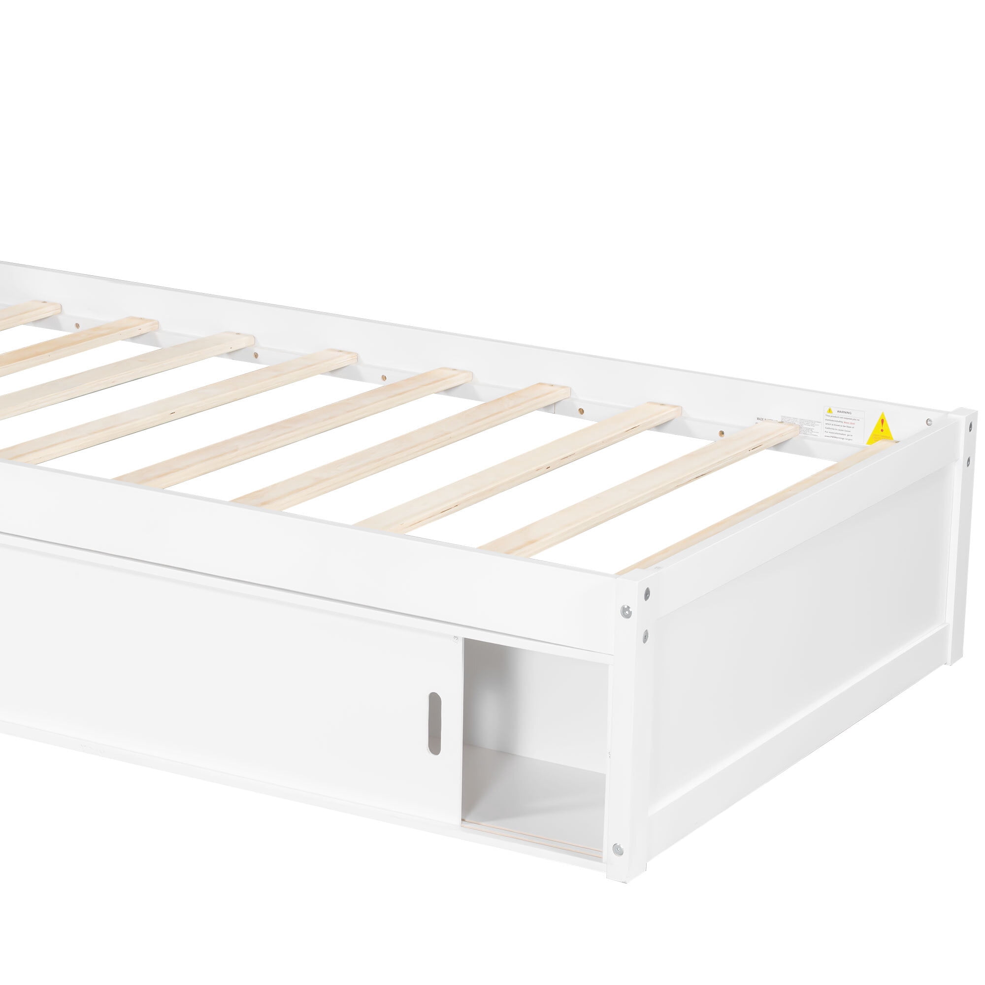 Euroco Pine Wood L-Shaped Twin Platform Bed with Storage Desk, Cabinets, Trundle and LED Light for Kids Teens, White