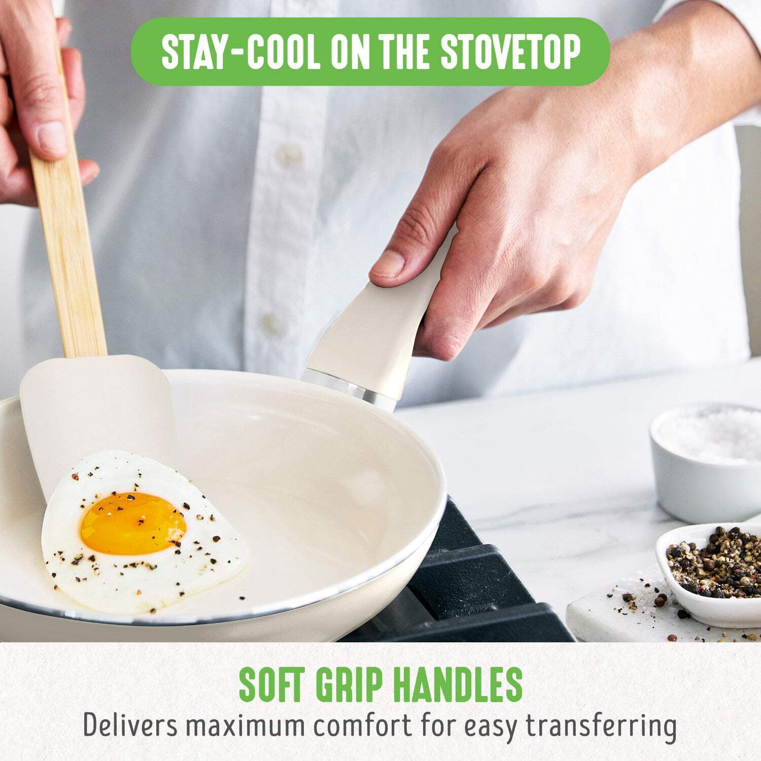 GreenLife 16 Piece Soft Grip Cookware Set, Non-Toxic Ceramic Nonstick, Cream