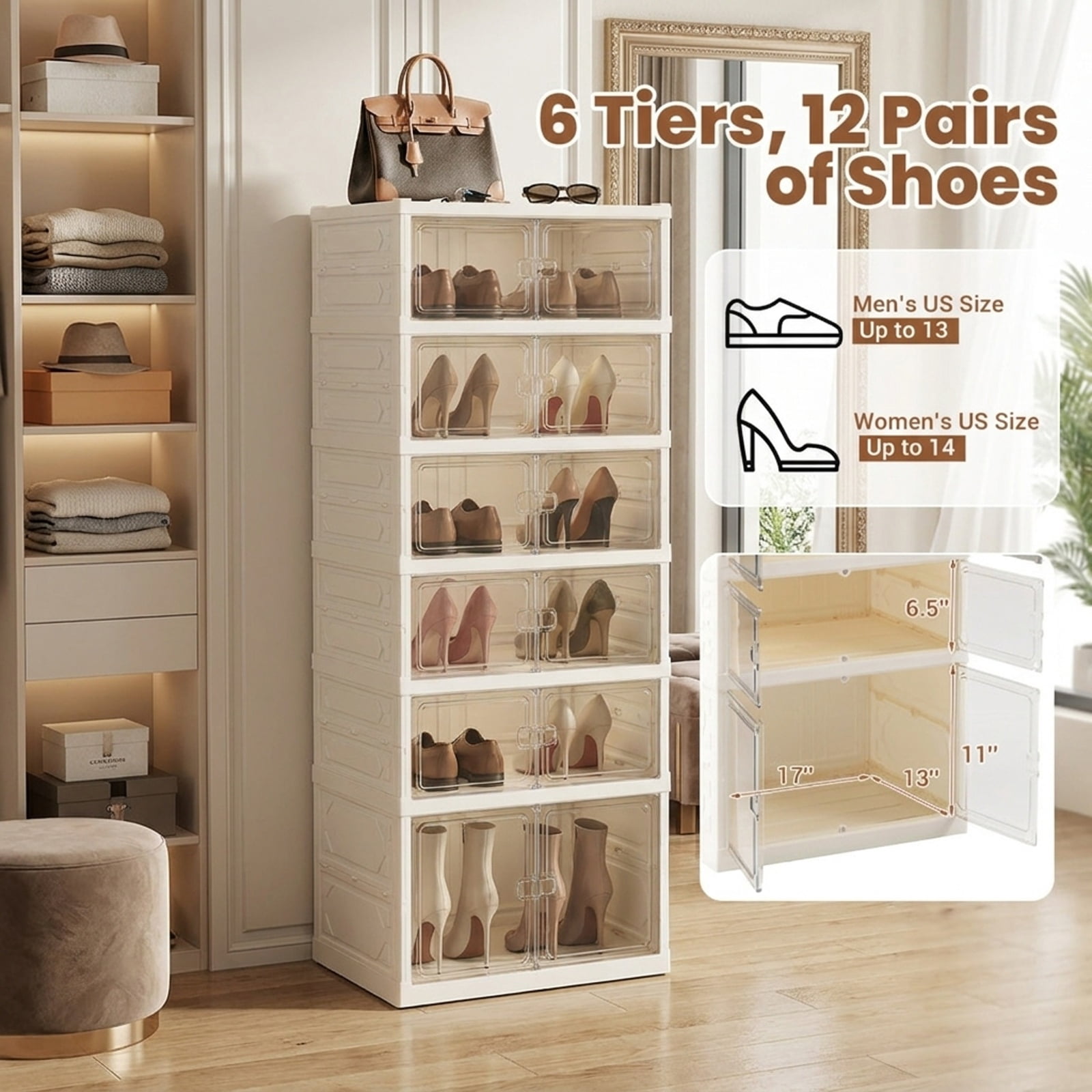 Furnibear Foldable Shoe Rack Organizer 12 Pair 6 Tier Collapsible Shoe Cabinet with See Through Doors for Closet and Entryway, White