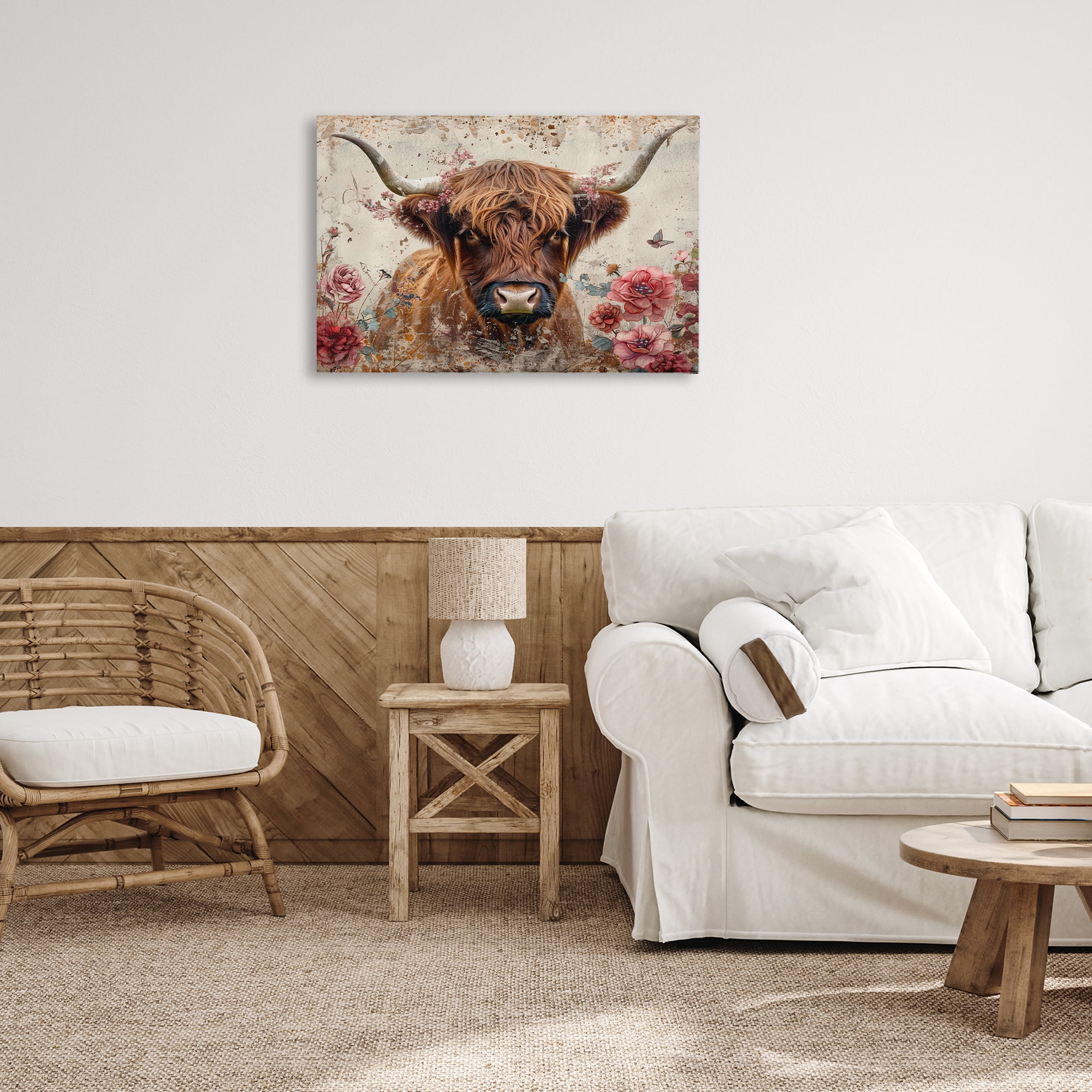Stupell Industries Highland Cow in Spring Animals Painting Wrapped Canvas Art Print Wall Art, 30 x 20