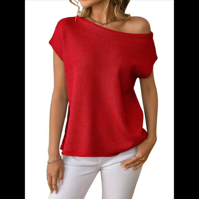 Jersey de Punto de Corta con Hombros Descubiertos para Mujer, Rojo, Talla XL