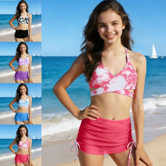 SGFCWSX Girls 2-Piece Swimsuit, Kids Halter Bikini Tie Dye Crisscross Crop Top and Ruched Skirted Bottom, Bathing Suit for Beach Pool Watermelon Red Size 9-10Years
