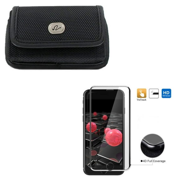 Compatible With iPhone 8 7 6S 6 - Black Horizontal Rugged Canvas Case w Tempered Glass Screen Protector 4D