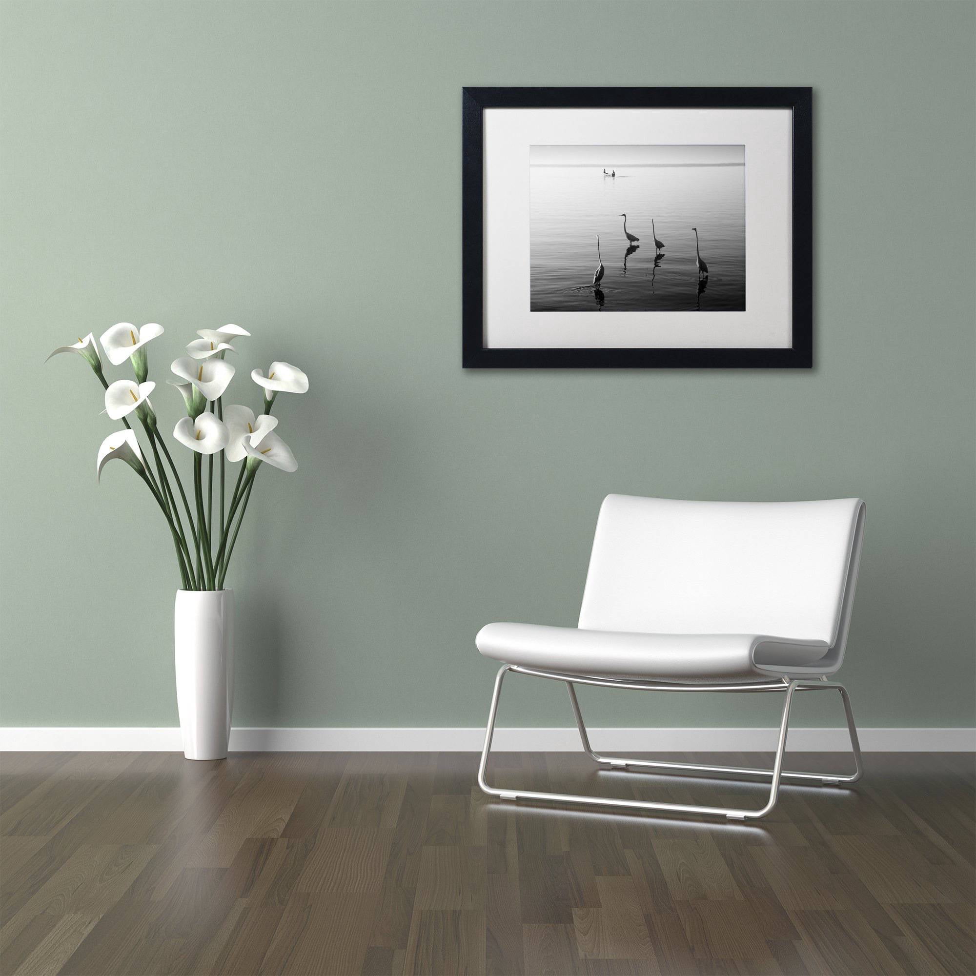 Trademark Fine Art "4 Herons and Boat" Canvas Art by Moises Levy White Matte, Black Frame