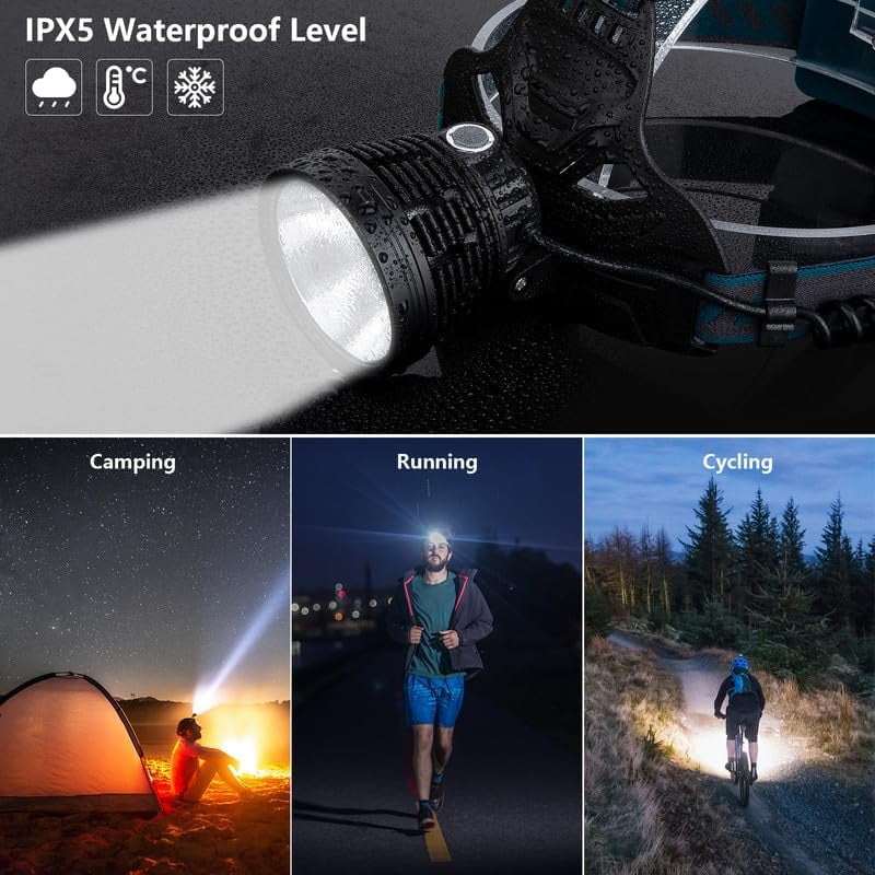 LED Rechargeable Headlamps, 90000 Lumen Super Bright Headlamp Flashlight 90°Adjustable 4 Modes IPX5 Waterproof USB Rechargeable Head Lamp for Camping Running Hunting Cycling Climbing Hiking