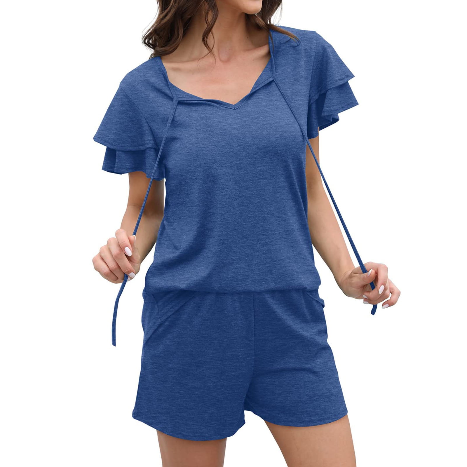 JWZUY Women's 2 Piece Set Solid Classic Short Sleeve Drawsting Tops 2